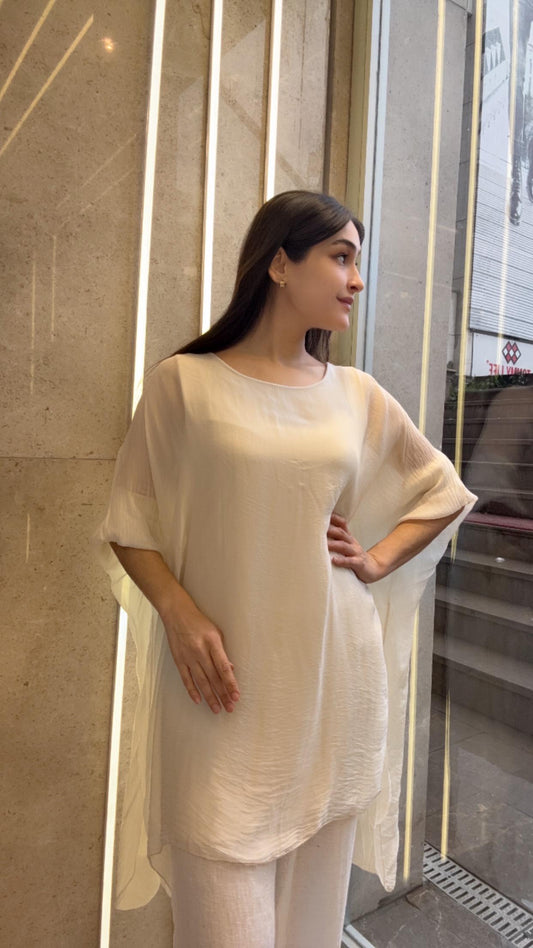 Ekru, Astarlı İpek Bluz / Tunik Gömlek / STD Beden, 38/46