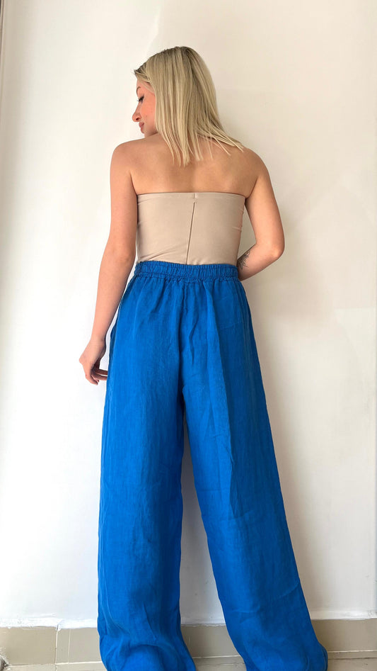 Saks, %100 Keten, Beli Lastikli, Cepli, Bol Paça Pantolon