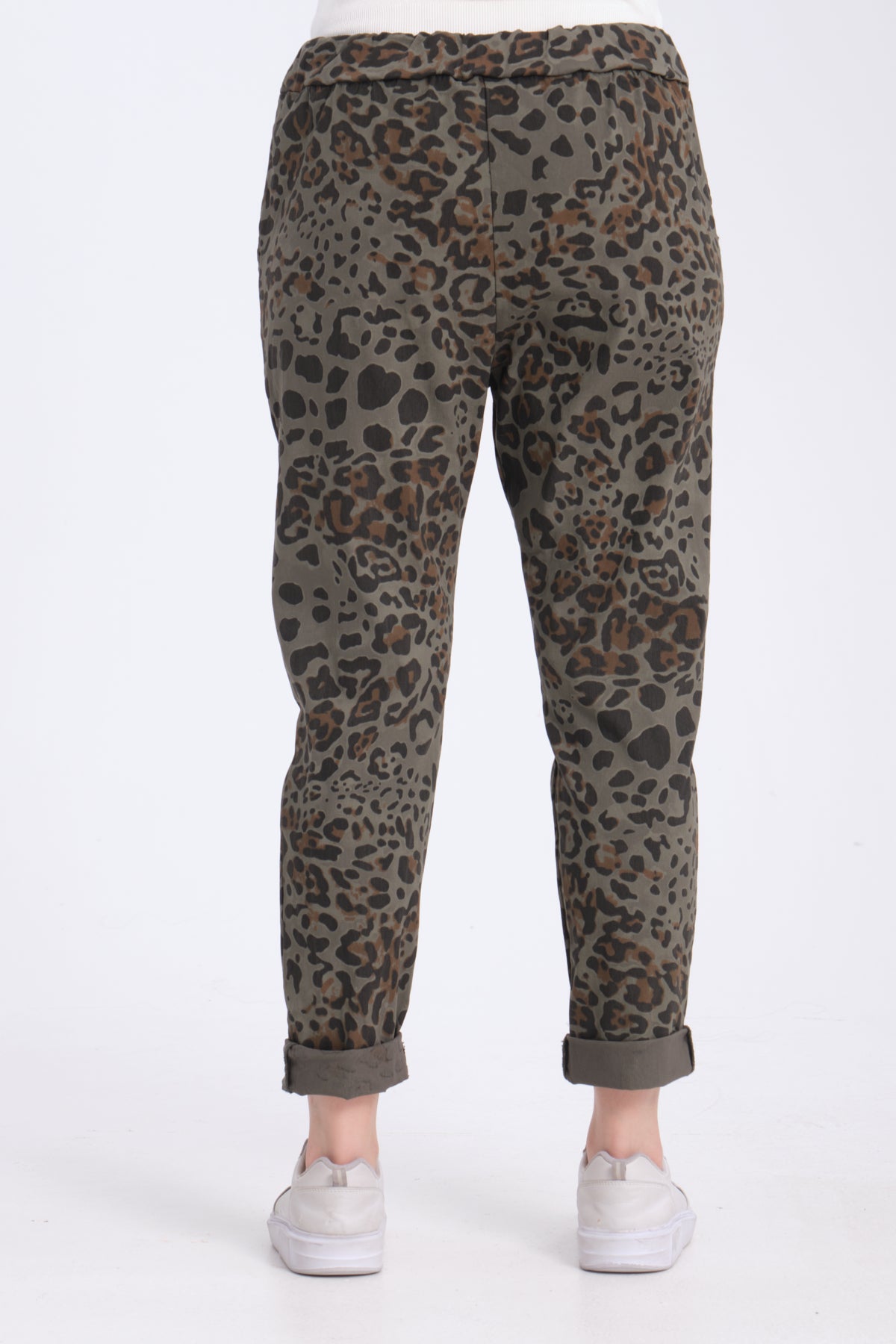 Haki, Leopar Desenli, Beli Lastikli, Cepli, Jogger Pantolon