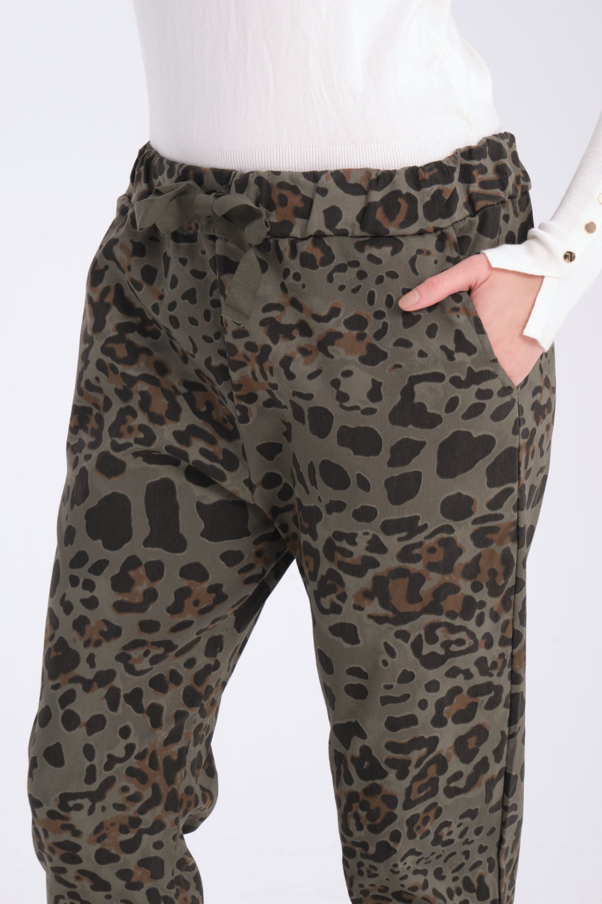 Haki, Leopar Desenli, Beli Lastikli, Cepli, Jogger Pantolon