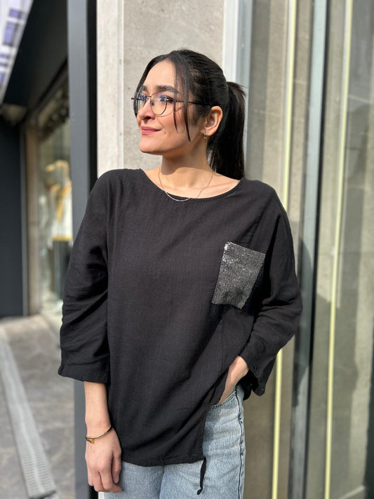 Siyah, %100 Pamuk, Cep Kısmı Payet İşli, Beli İp Ayarlı, Dokulu Bluz/Gömlek / STD Beden, 36/42
