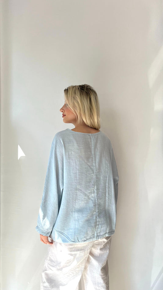 Mavi, %100 Pamuk, Beli İp Ayarlı Bluz