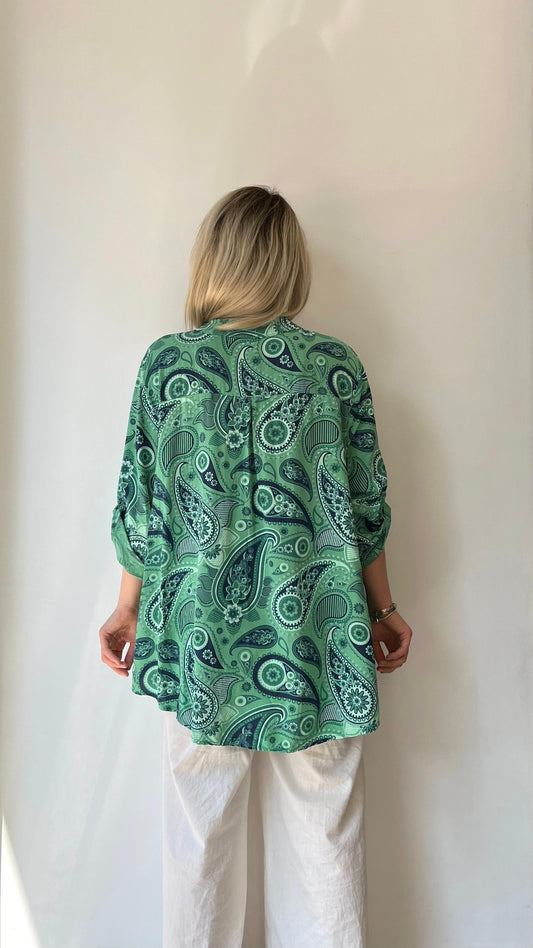 Yeşil, %100 Viskon, Şal Desenli Gömlek