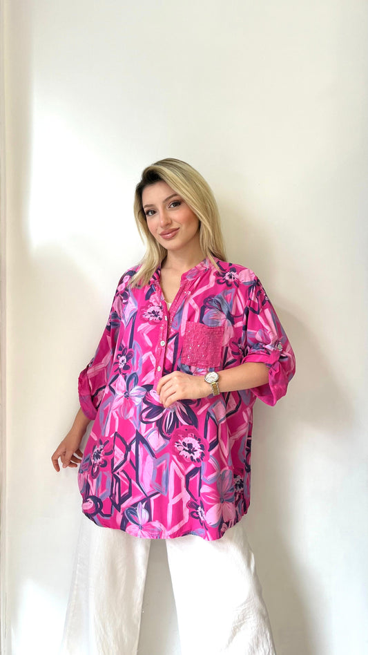 Pembe, %100 Viskon, Çiçek ve Karışık Şekilli, Payetli Gömlek