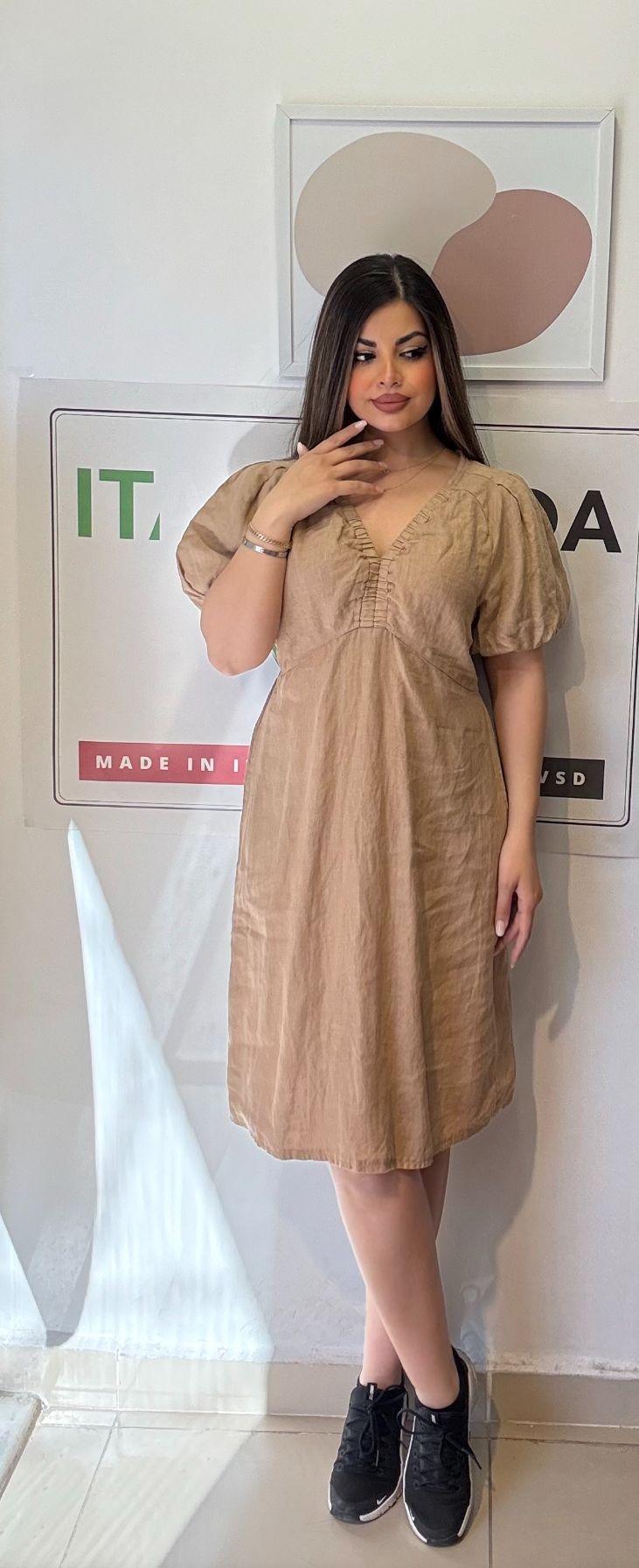 Camel, %100 Keten, V Yaka, İtalyan Elbise / STD Beden-38/46