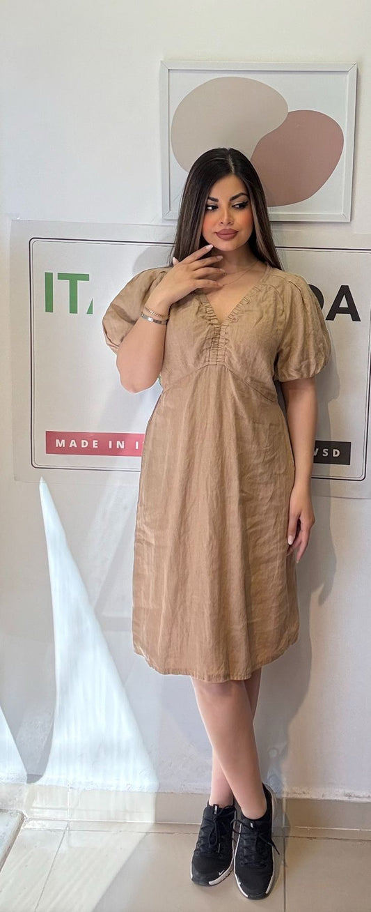 Camel, %100 Keten, V Yaka, İtalyan Elbise / STD Beden-38/46