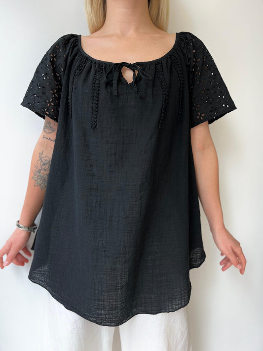 Siyah, %100 Pamuk, Kolu Fisto Dantelli Bluz