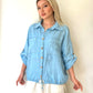 Açık Mavi, %100 Keten, Beli İp Bağlamalı Gömlek