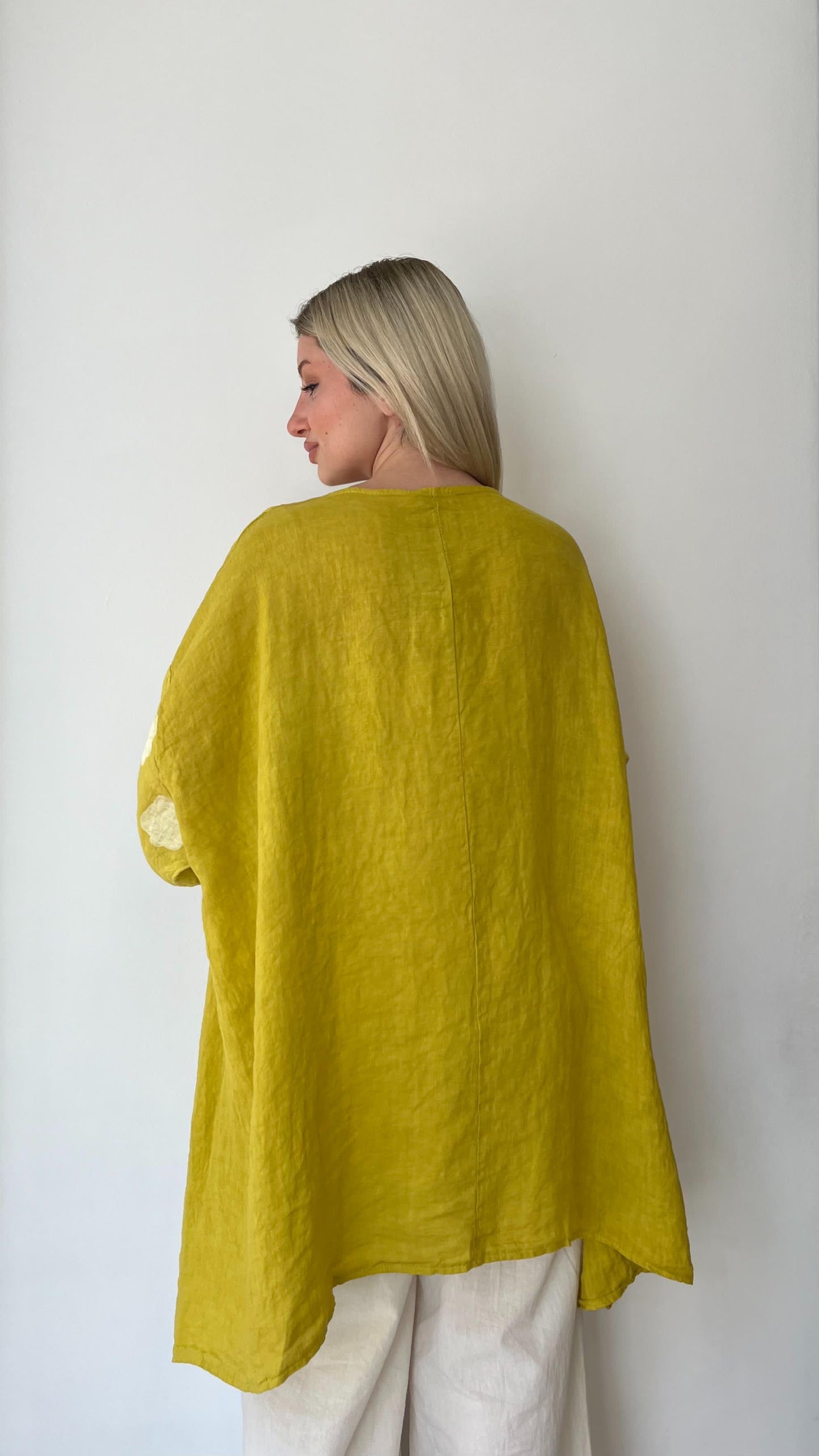 Sarı, Puantiyeli, Oversize Keten Bluz