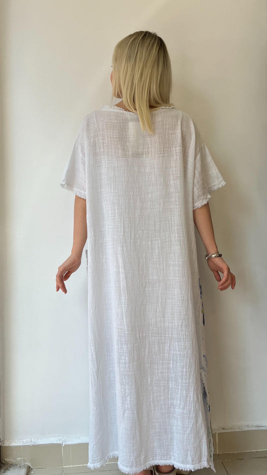 Beyaz, %100 Pamuk, Çiçek Baskılı, Yan Yırtmaçlı, Oversize, Uzun Elbise