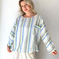 Mavi Yeşil, Çizgili, Gofre Koton Bluz