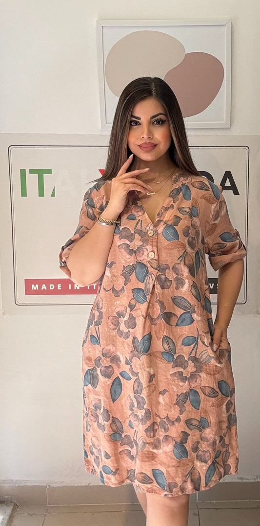 Somon, Çiçekli, %100 Keten İtalyan Elbise, Bol Kesim, V Yaka, Cepli / STD Beden-38/46