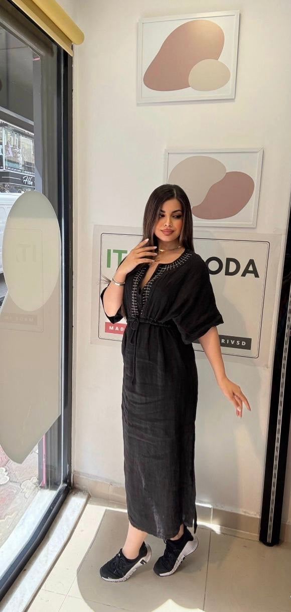 Siyah, %100 Keten, V Yaka, Eteği Yanlardan Yırtmaçlı, İtalyan Kimono Elbise / STD Beden-38/46