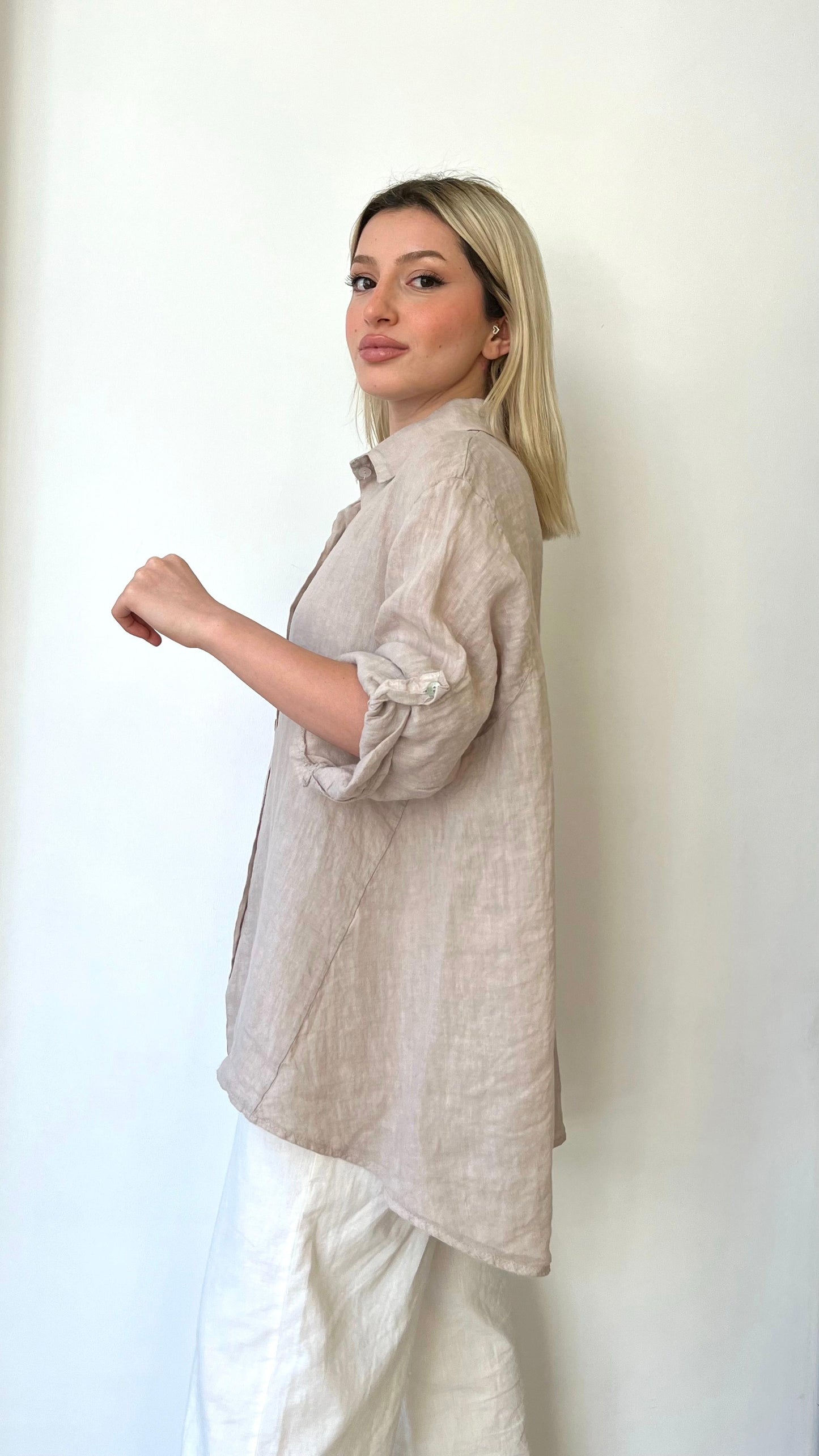 Bej, %100 Keten, Arkası Uzun Gömlek