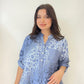 Mavi, %100 Viskon, Dalgalı Leopar Desenli, Payetli Gömlek