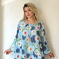 Açık Mavi, %100 Pamuk, Çiçek Desenli, Kolyeli Bluz