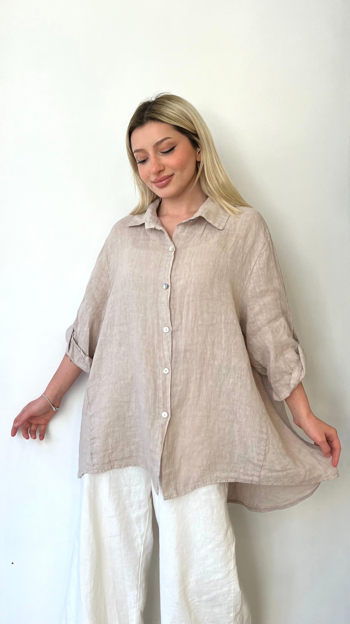 Bej, %100 Keten, Arkası Uzun Gömlek