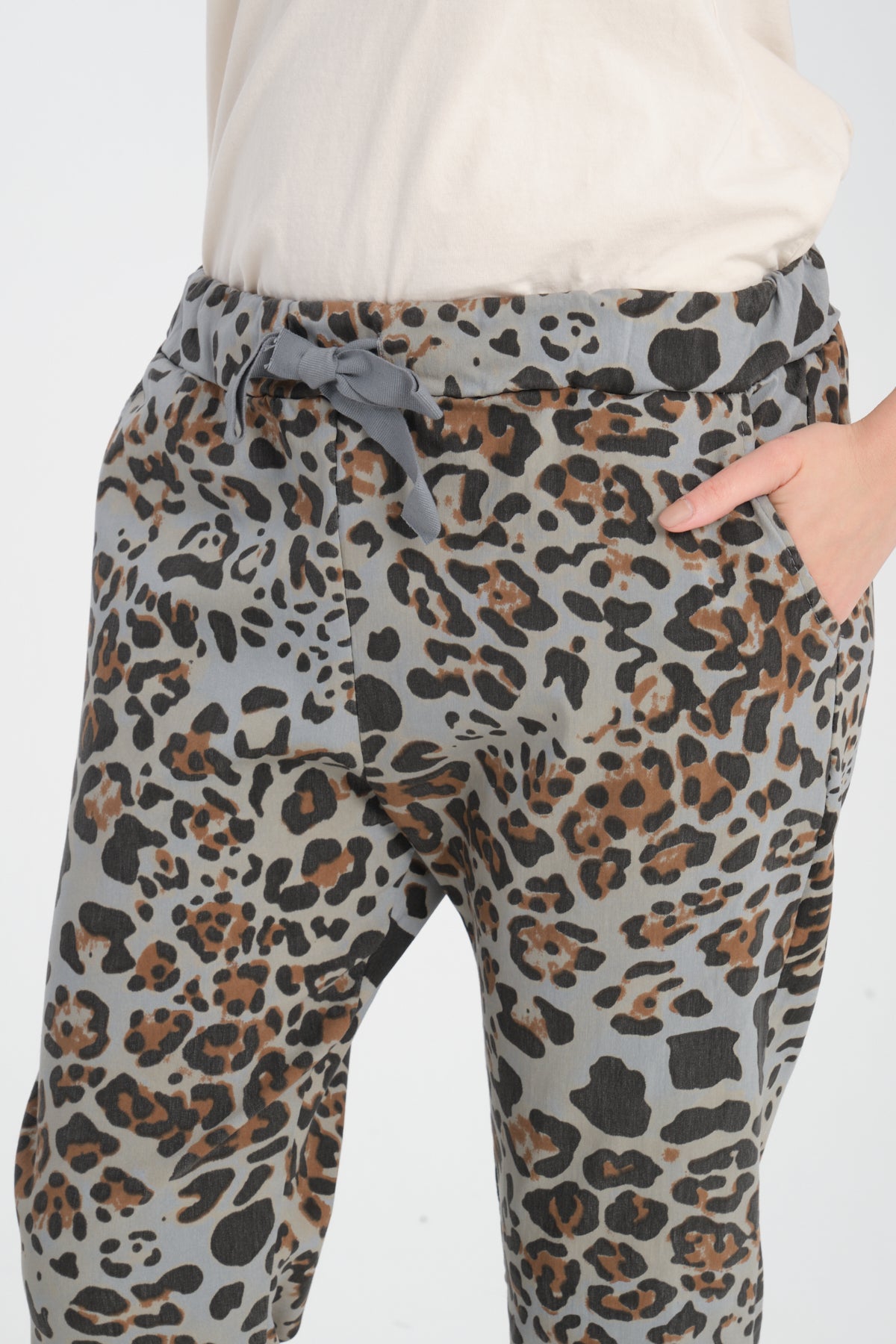 Gri, Leopar Desenli, Beli Lastikli, Cepli, Jogger Pantolon