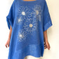 Mavi, Çiçek Desenli, Pamuk-Keten, Oversize, Payetli Bluz