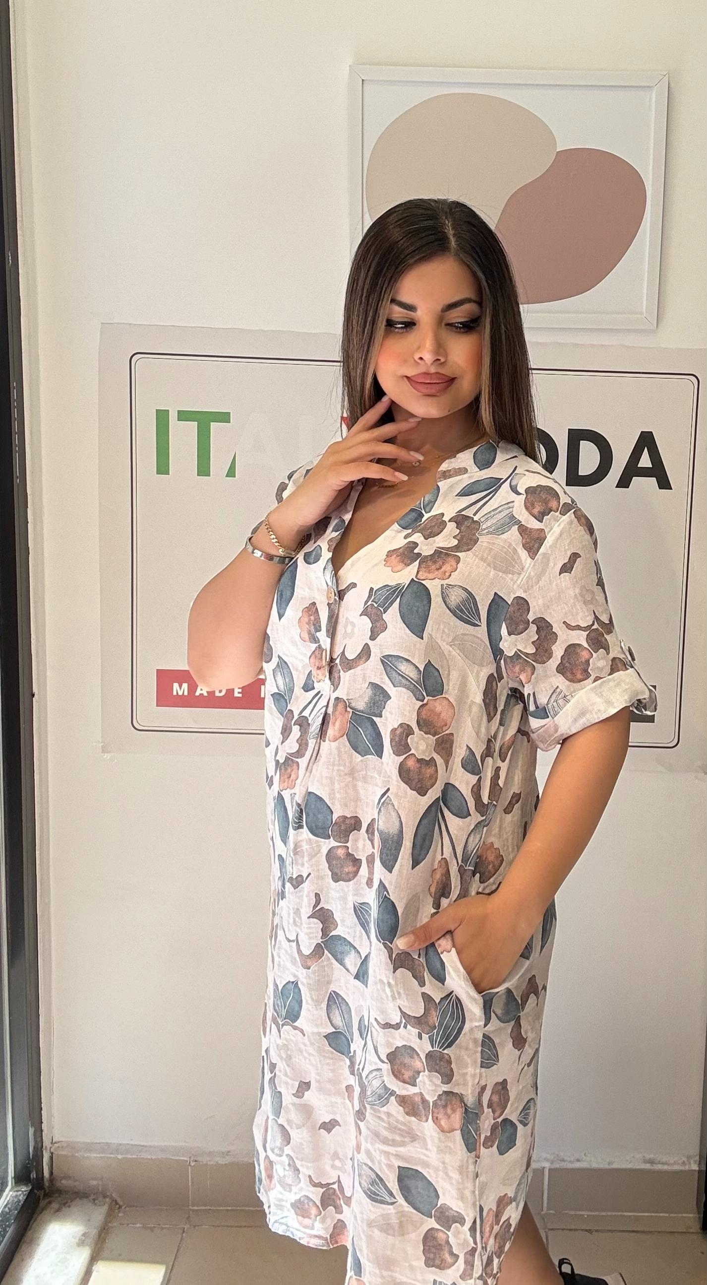 Beyaz, Çiçekli, %100 Keten İtalyan Elbise, Bol Kesim, V Yaka, Cepli / STD Beden-38/46