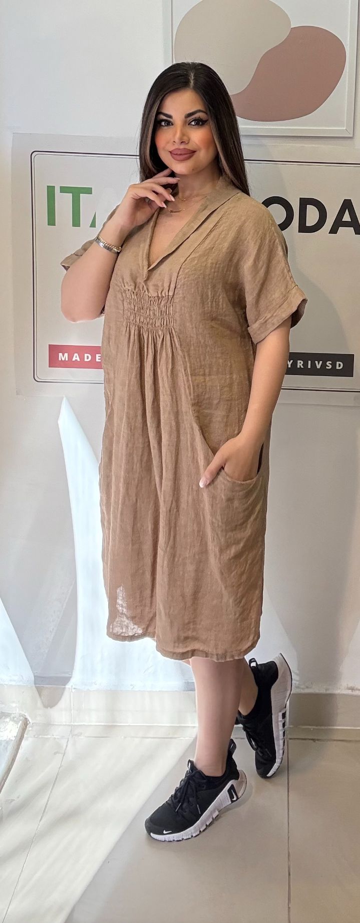 Camel, %100 Keten, V Yaka, Cepli, Gipeli, İtalyan Elbise / STD Beden-38/46