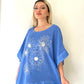Mavi, Çiçek Desenli, Pamuk-Keten, Oversize, Payetli Bluz
