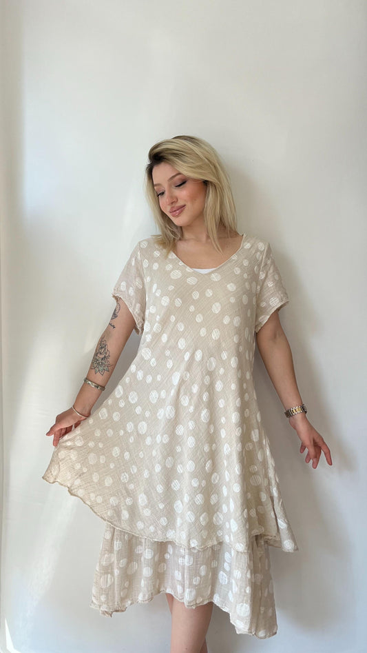 Bej, Puantiyeli, İki Kat Etekli, Pamuk-Viskon Elbise