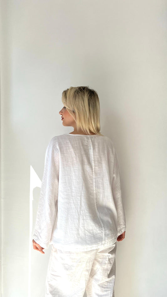 Beyaz, %100 Pamuk, Beli İp Ayarlı Bluz