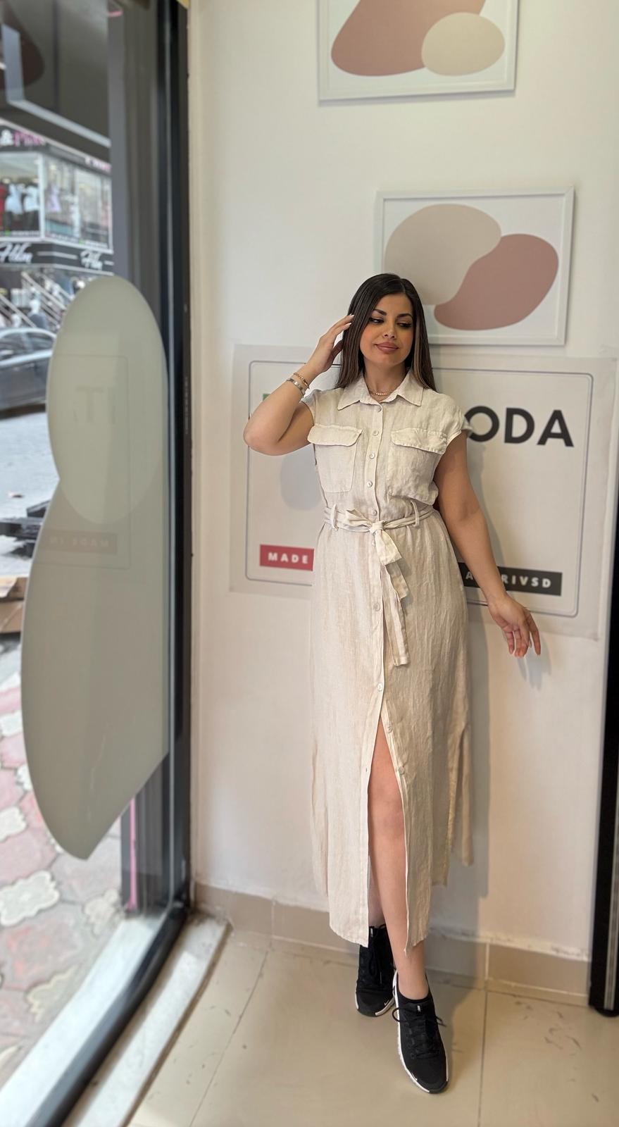 Bej, %100 Keten, Eteği Yanlardan Yırtmaçlı, İtalyan Gömlek Elbise / STD Beden-38/46