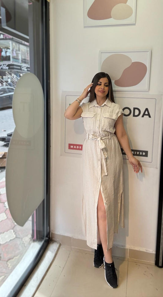 Bej, %100 Keten, Eteği Yanlardan Yırtmaçlı, İtalyan Gömlek Elbise / STD Beden-38/46