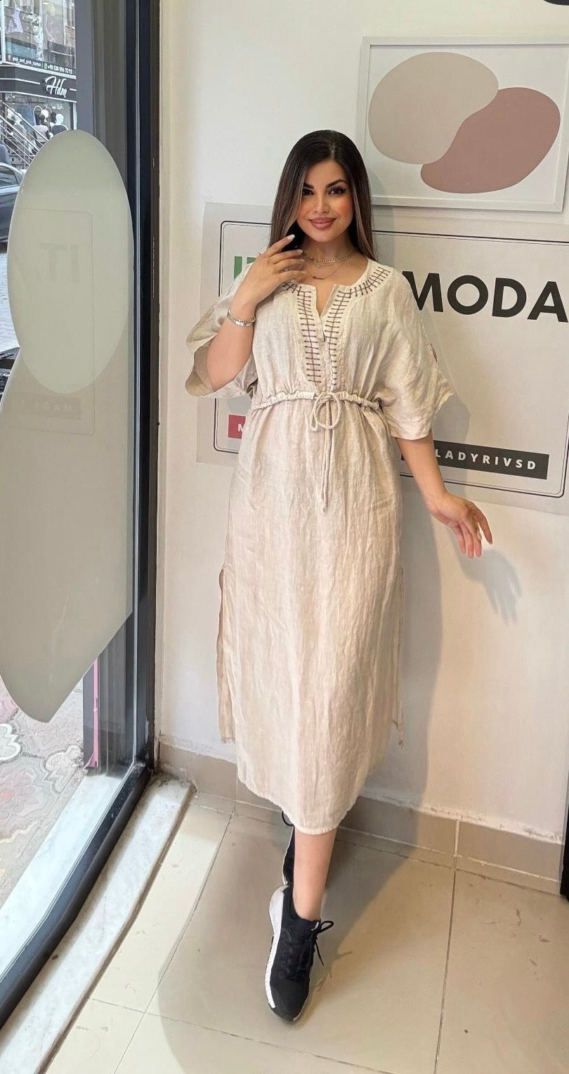 Bej, %100 Keten, V Yaka, Eteği Yanlardan Yırtmaçlı, İtalyan Kimono Elbise / STD Beden-38/46