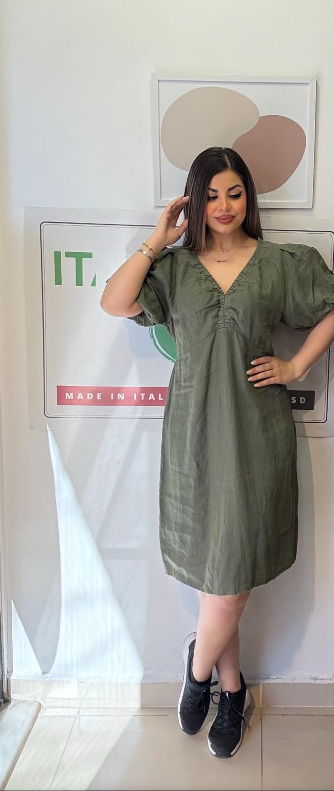 Haki, %100 Keten, V Yaka, İtalyan Elbise / STD Beden-38/46