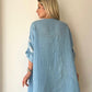 Açık Mavi, Puantiyeli, Oversize Keten Bluz