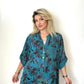 Petrol Mavi, %100 Viskon, Sakura Çiçekli, Payetli Gömlek