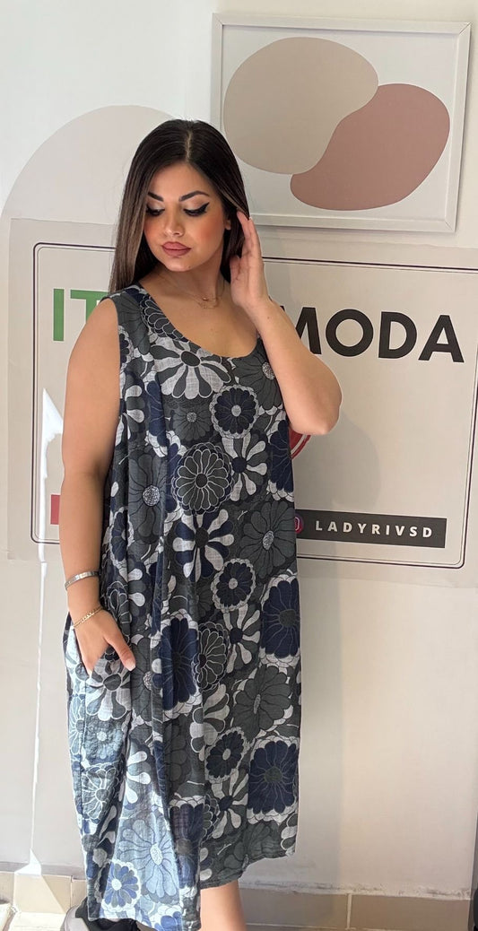 Antrasit, %100 Pamuk, Çiçekli, Cepli, İtalyan Elbise / STD Beden-38/46