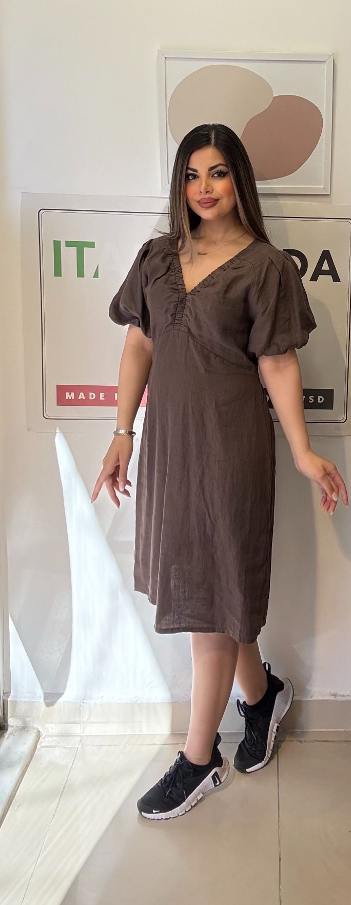 Kahve, %100 Keten, V Yaka, İtalyan Elbise / STD Beden-38/46