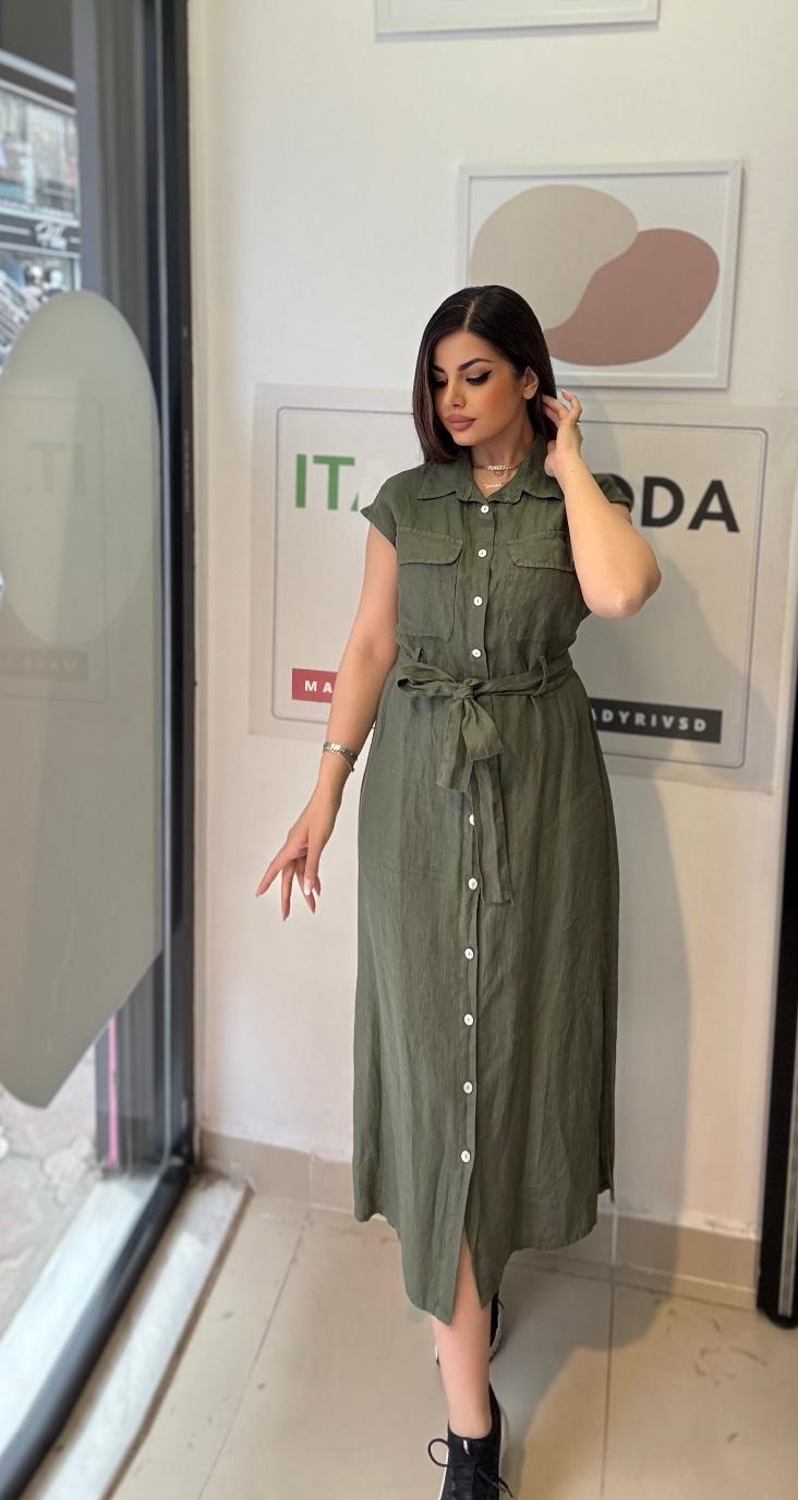 Haki, %100 Keten, Eteği Yanlardan Yırtmaçlı, İtalyan Gömlek Elbise / STD Beden-38/46