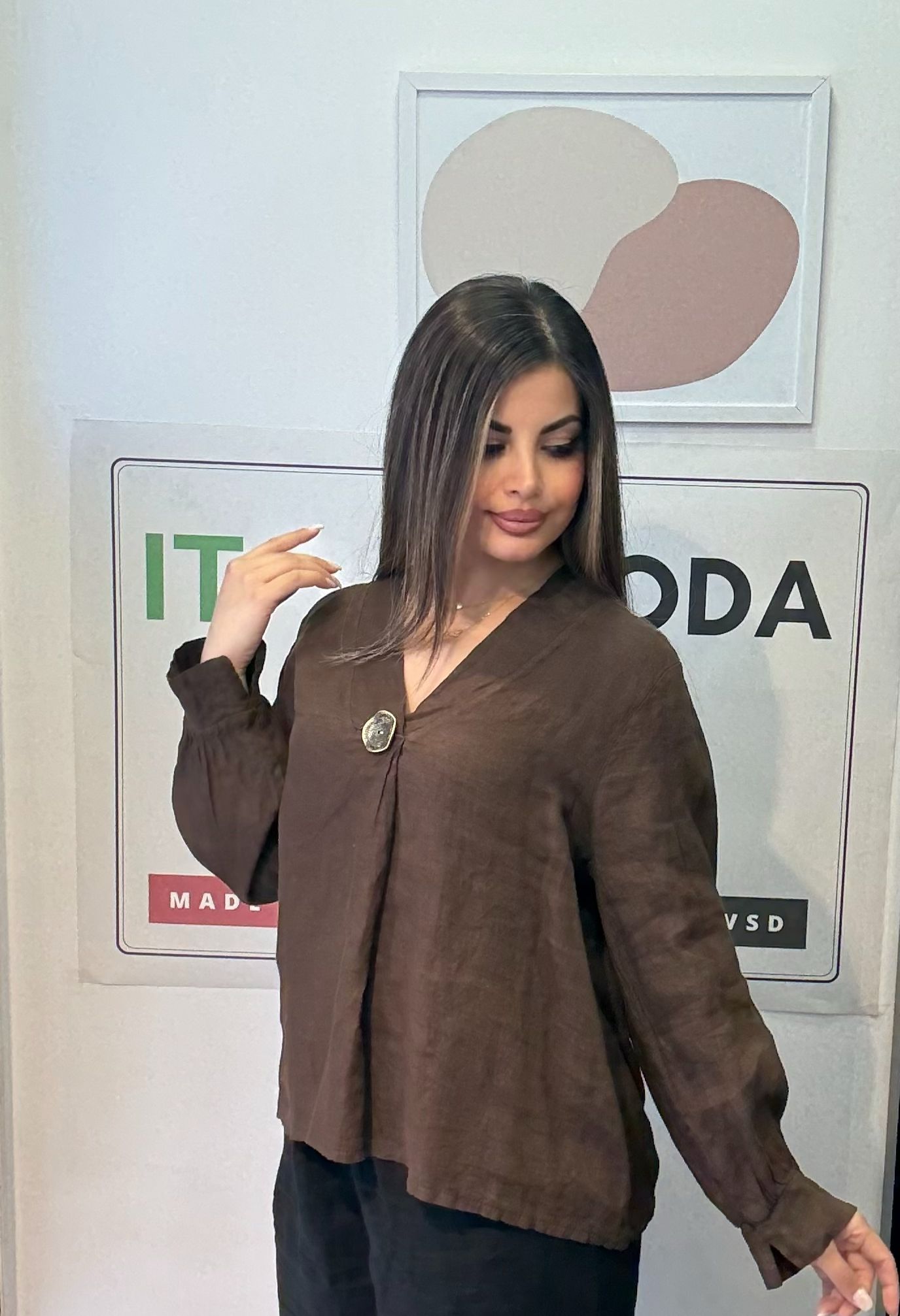 Kahve, %100 Keten, V Yaka Düğme Detaylı Gömlek, STD Beden, 38-46