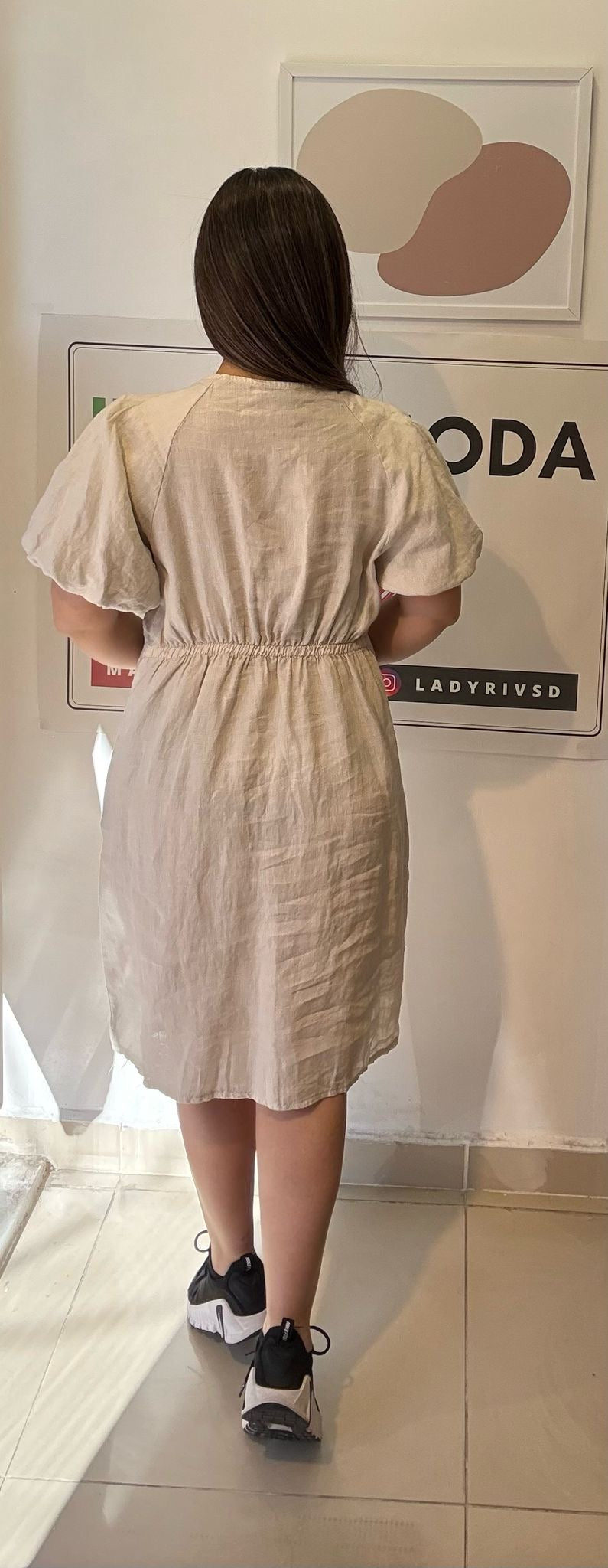 Bej, %100 Keten, V Yaka, İtalyan Elbise / STD Beden-38/46