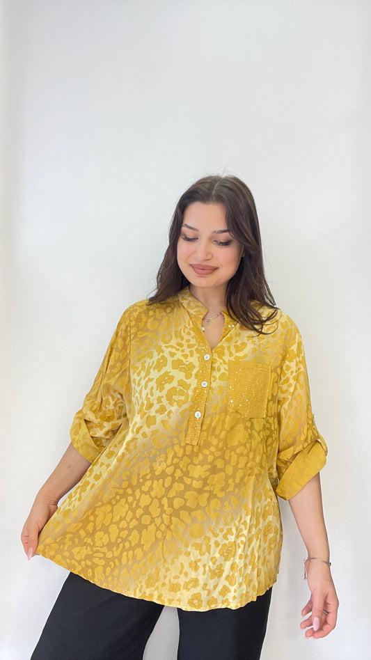 Sarı, %100 Viskon, Dalgalı Leopar Desenli, Payetli Gömlek