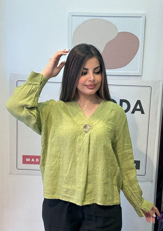 Yeşil, %100 Keten, V Yaka Düğme Detaylı Gömlek, STD Beden, 38-46