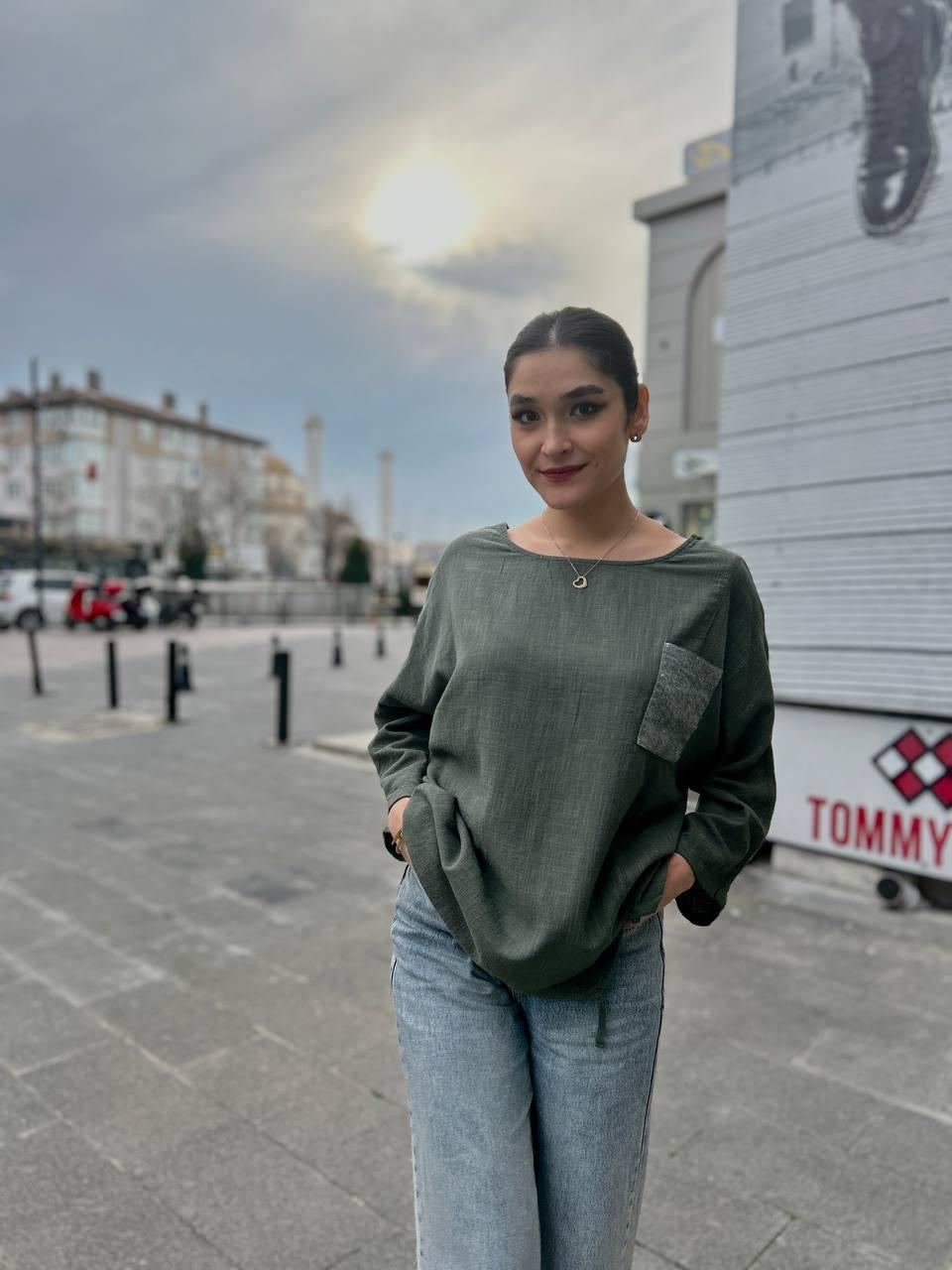 Haki, %100 Pamuk, Cep Kısmı Payet İşli, Beli İp Ayarlı, Dokulu Bluz/Gömlek / STD Beden, 36/42