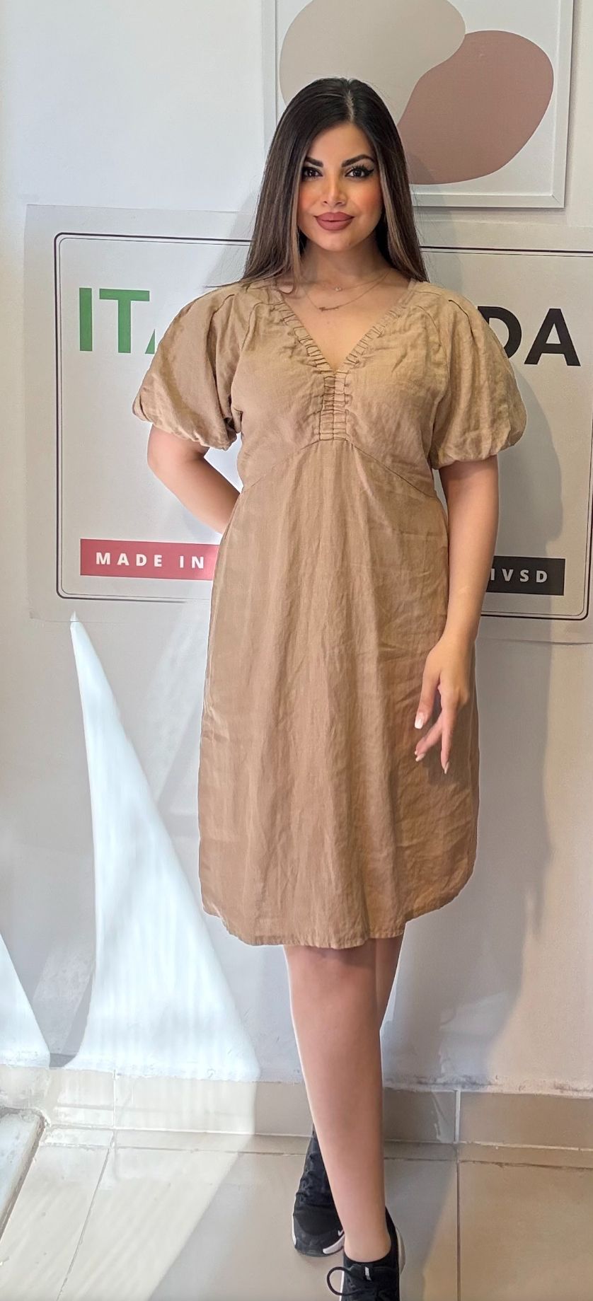 Camel, %100 Keten, V Yaka, İtalyan Elbise / STD Beden-38/46