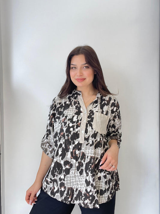 Bej, %100 Viskon, Karışık Leopar Desenli, Payetli Gömlek
