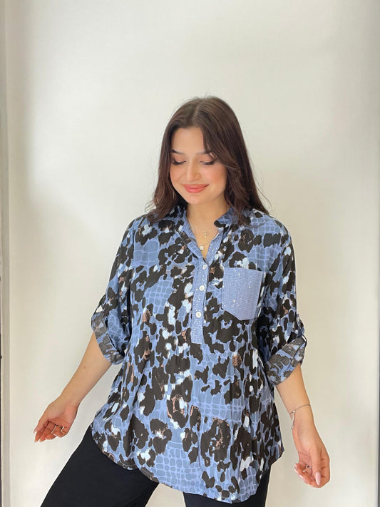 Mavi, %100 Viskon, Karışık Leopar Desenli, Payetli Gömlek