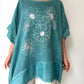 Yeşil, Çiçek Desenli, Pamuk-Keten, Oversize, Payetli Bluz