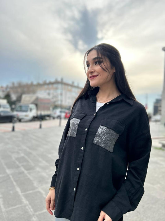 Siyah, %100 Pamuk, Cep Kısmı Payet İşli, Dokulu Gömlek / STD Beden, 36/42