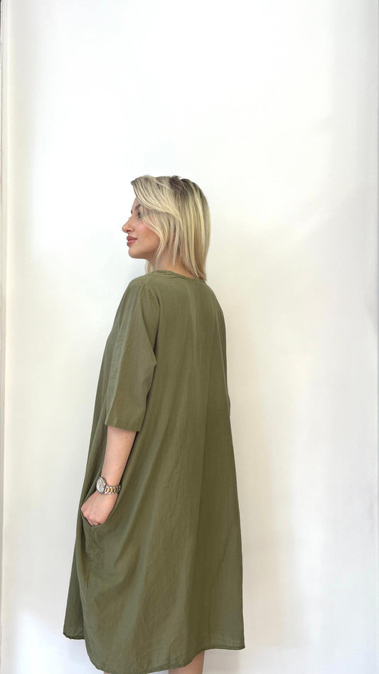 Haki, %100 Pamuk, Cepli, V Yaka Elbise