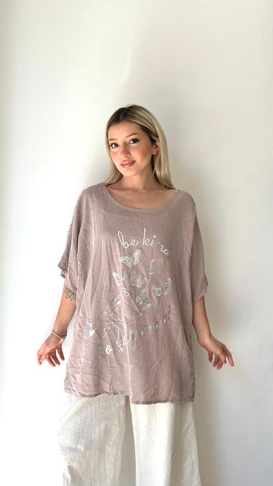 Pudra, Kelebek Baskılı, Pamuk-Keten, Oversize, Örgülü Bluz