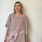 Koyu Pudra, Pamuk-Keten, Oversize, Payetli Bluz